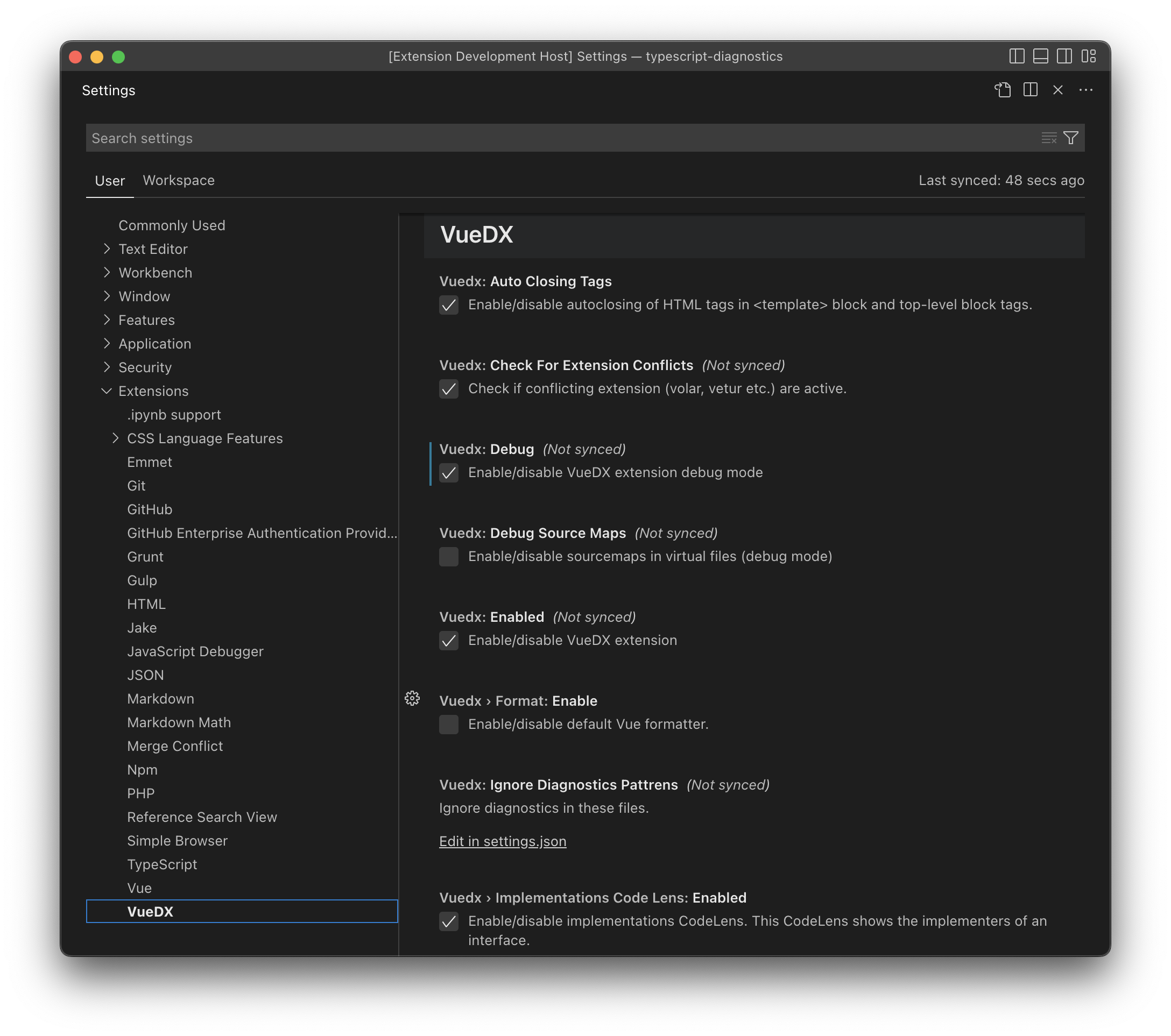 Screenshot of Visual Studio Code preferences for VueDX extension